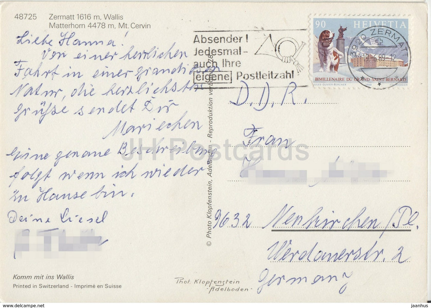 Zermatt 1616 m - Matterhorn 4478 m - Mt Cervin - 48725 - 1989 - Switzerland - unused