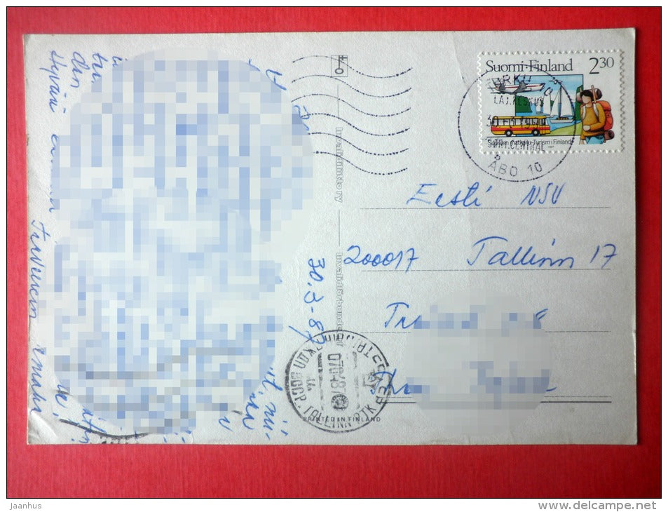 Easter Greeting Card by Jenny Nyström - eggs - chicken - cock - Finland - sent from Finland Turku to Estonia USSR 1987 - JH Postcards