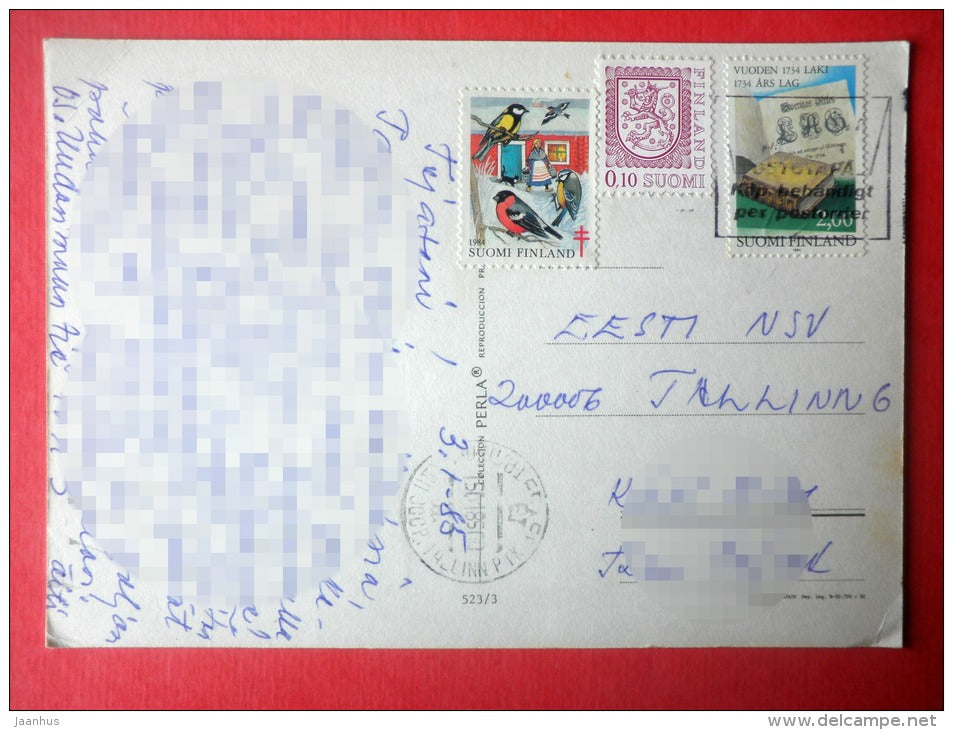 illustration - hat - window - book - Italy - sent from Finland to Estonia USSR 1985 - JH Postcards