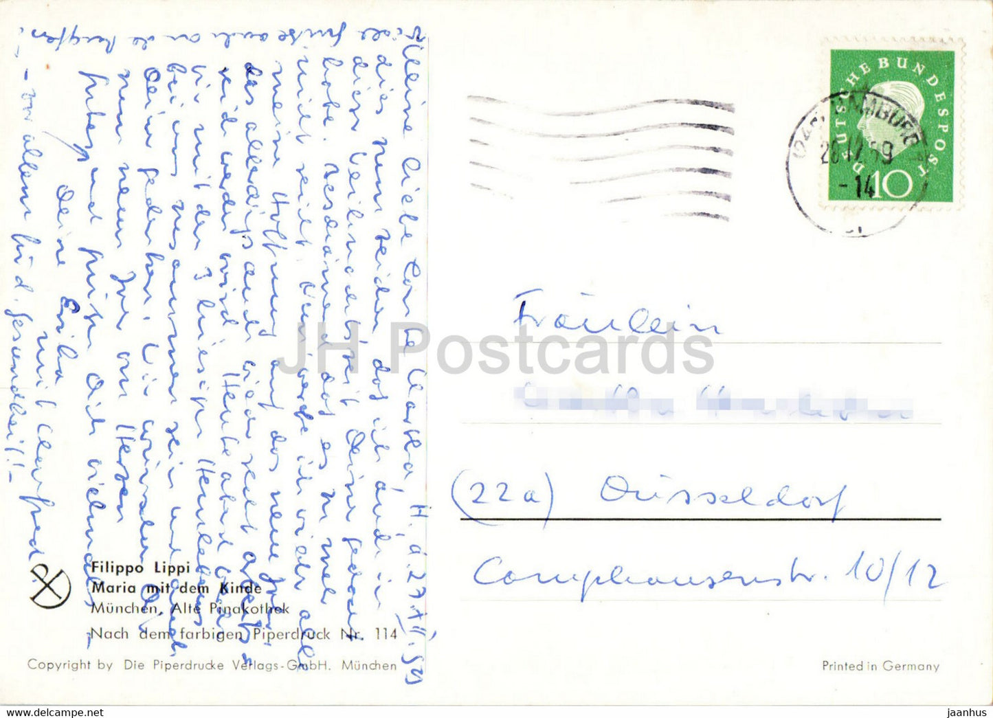 Gemälde von Filippo Lippi – Maria mit dem Kinde – Italienische Kunst – alte Postkarte – 1959 – Deutschland – gebraucht