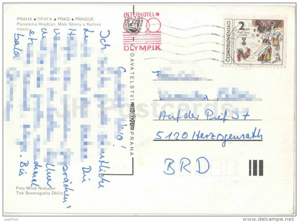 Praha - Prague - panorama - Hradcan - Mala Strana - Charles Bridge - hotel Olympik - Czechoslovakia - Czech - used 1986 - JH Postcards