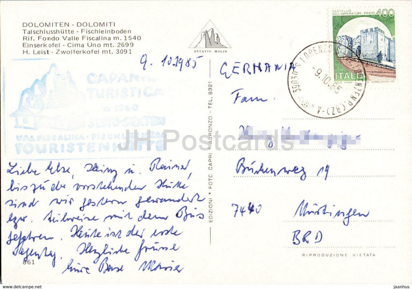 Dolomiti - Talschlusshutte Fischleinboden - Rif Fondo Valle Fiscalina - Einserkofel - Cima Uno - 1985 - Italy - used