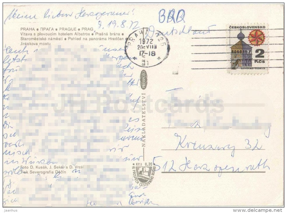 swimming hotel Albratos - Powder tower - tram - bus - Praha - Prague - Czechoslovakia - Czech - used 1972 - JH Postcards