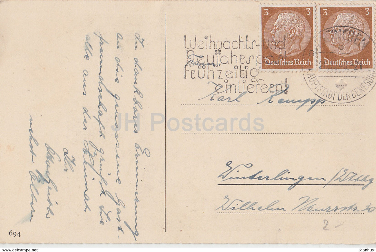 Carte de vœux de Noël - Frohes Weihnachtsfest - pommes de sapin - fleurs - 694 - carte postale ancienne - 1940 - Allemagne - utilisé