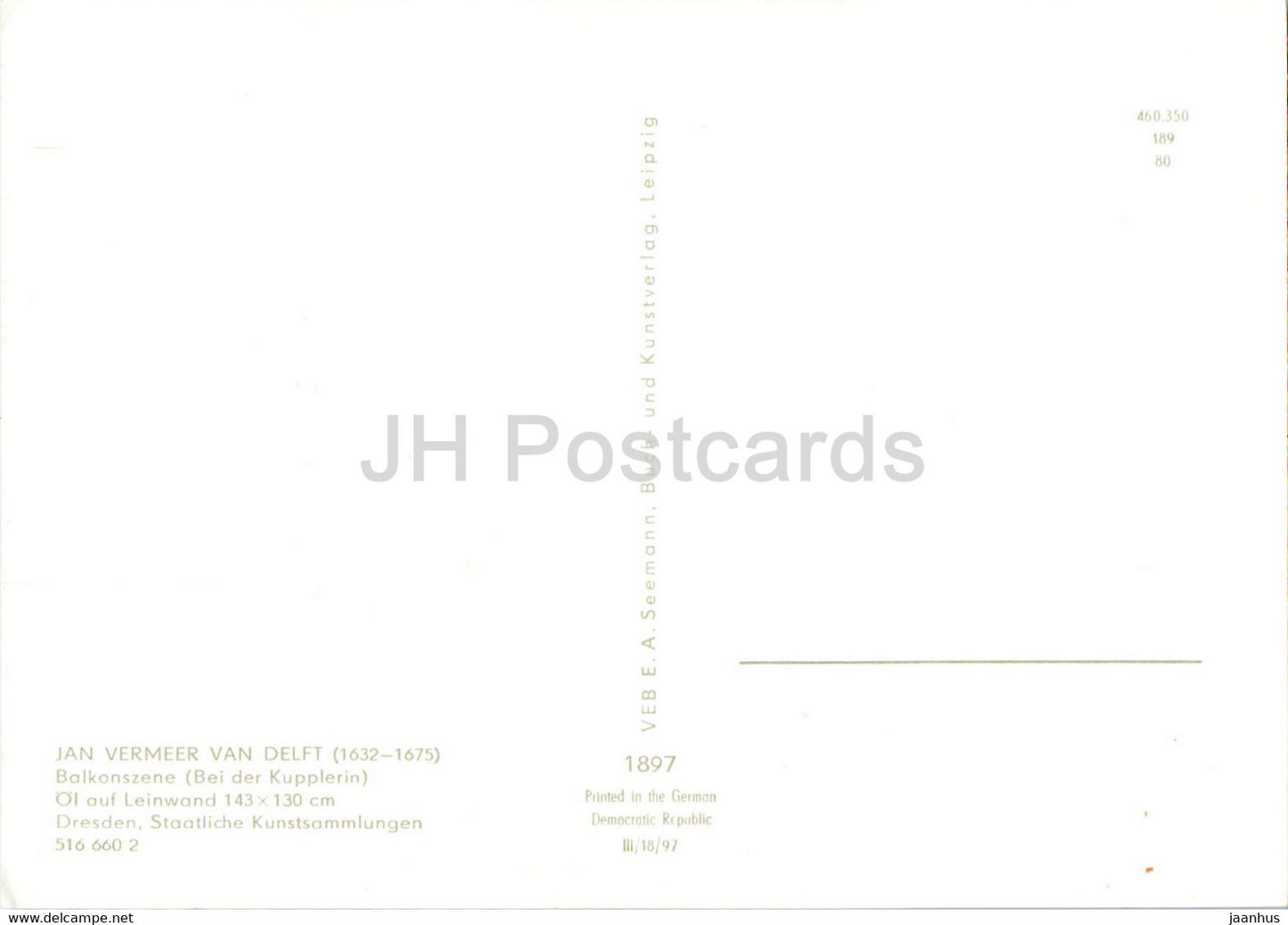 peinture de Jan Vermeer Van Delft - Balkonszene - Bei der Kupplerin - Chez la procureuse - Art néerlandais - Allemagne DDR inutilisée