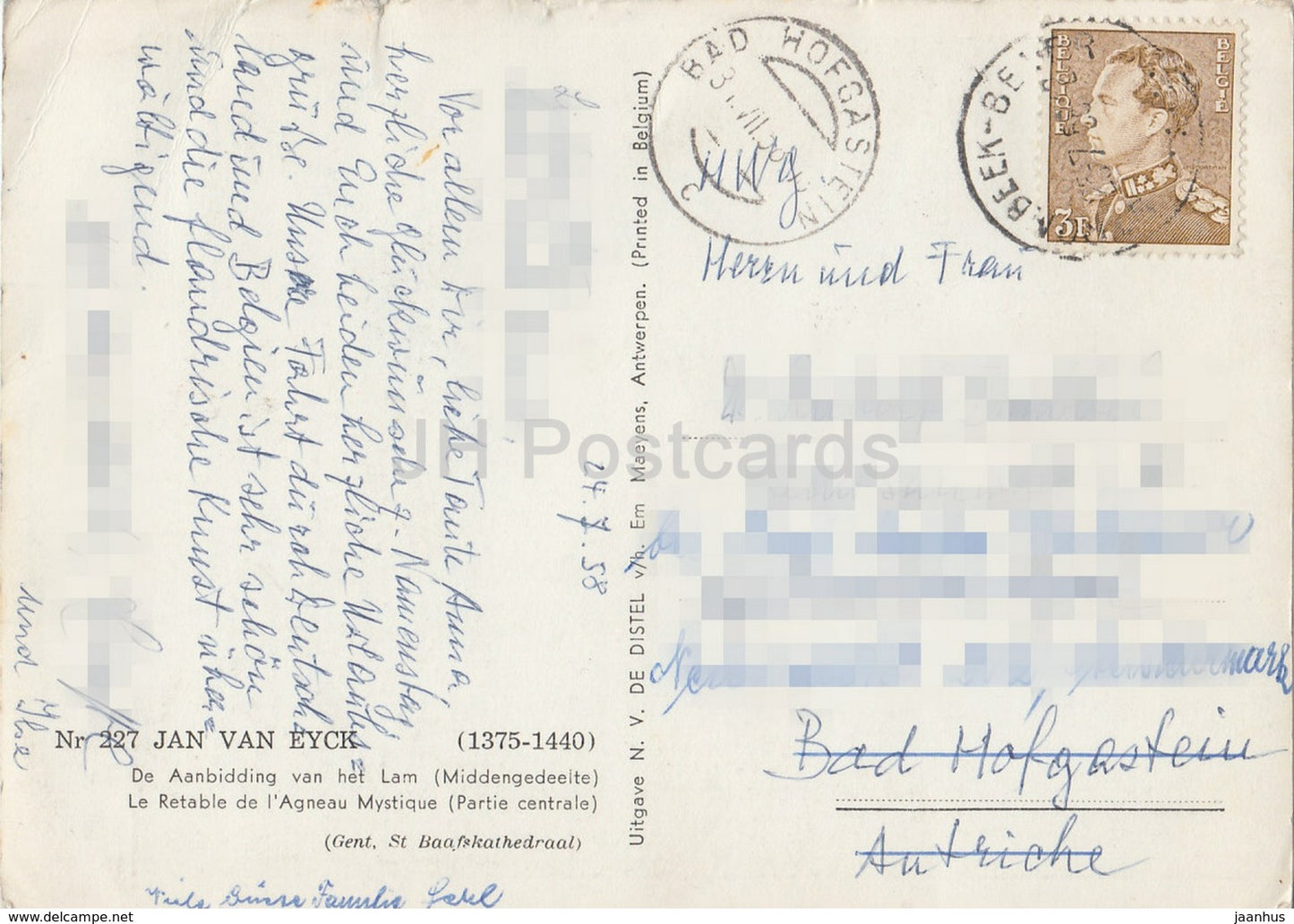 painting by Jan van Eyck - The Worship of the Lamb - 227 - Flemish art - 1958 - Belgium - used