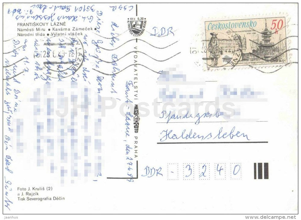 Frantiskovy Lazne - spa - Peace square - Cafe castle - Narodni trida - excursion train - Czechoslovakia - Czech - used - JH Postcards