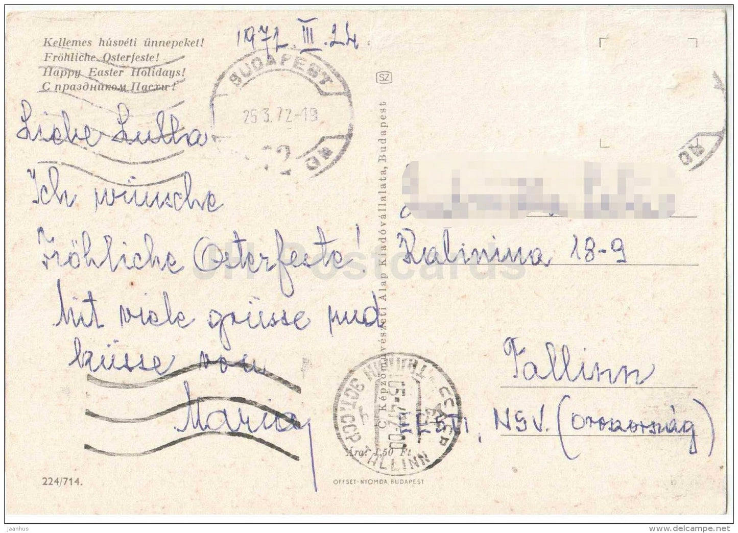 Easter greeting card - narcissus - daffodil - chicken - eggs - Hungary - sent from Hungary to Estonia 1972 - JH Postcards