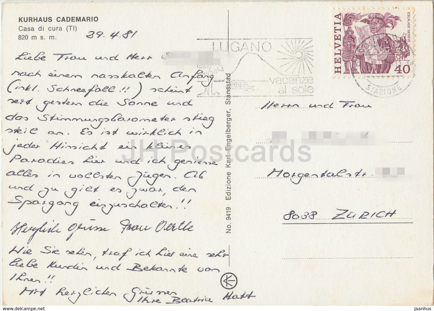 Kurhaus Cademario - Casa di Cura - 9419 - 1981 - Switzerland - used