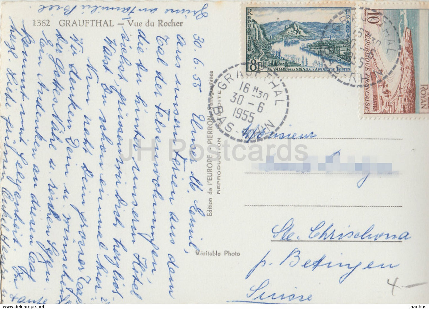 Graufthal - Vue du Rocher - bus - carte postale ancienne - 1955 - France - occasion