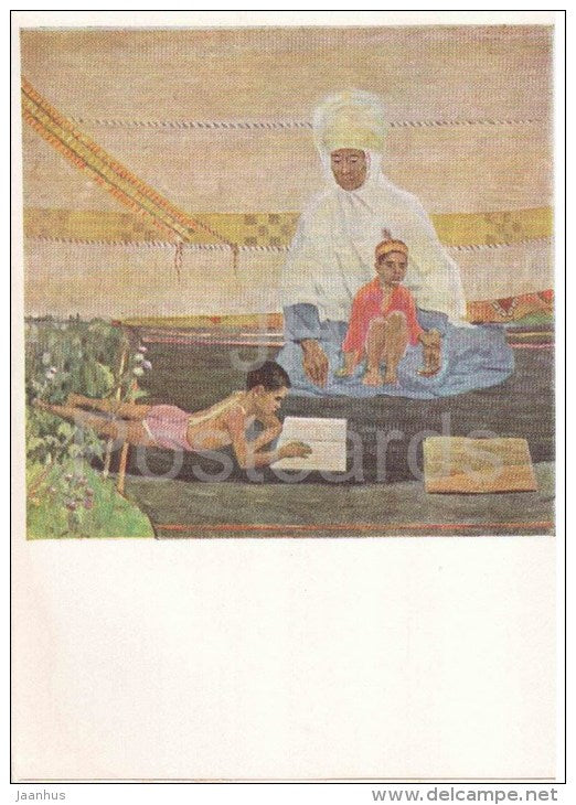 painting by Ali Dzhusupov - First Reading , 1963 - children - kazakhstan art - unused - JH Postcards