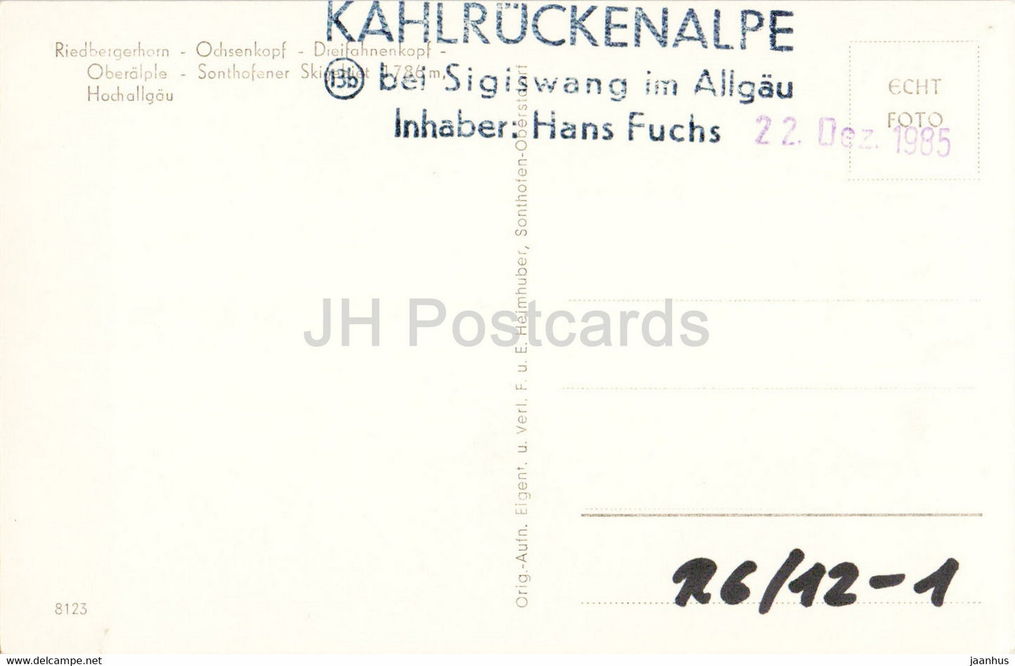 Riedbergerhorn - Ochsenkopf - Dreifahnenkopf - Oberalpe - 8123 - old postcard - Germany - used