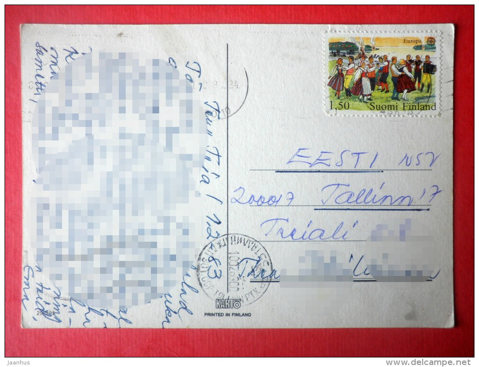 illustration - girl - squirrel - parasol - dance - EUROPA CEPT - Finland - sent from Finland to Estonia USSR 1983 - JH Postcards