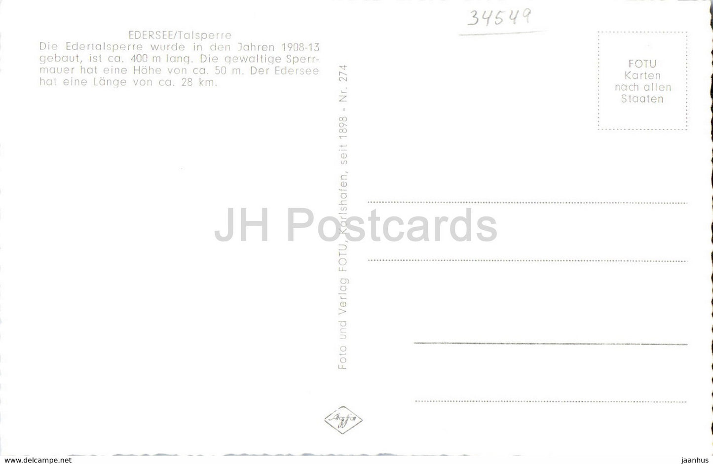 Edersee Talsperre - old postcard - Germany - unused