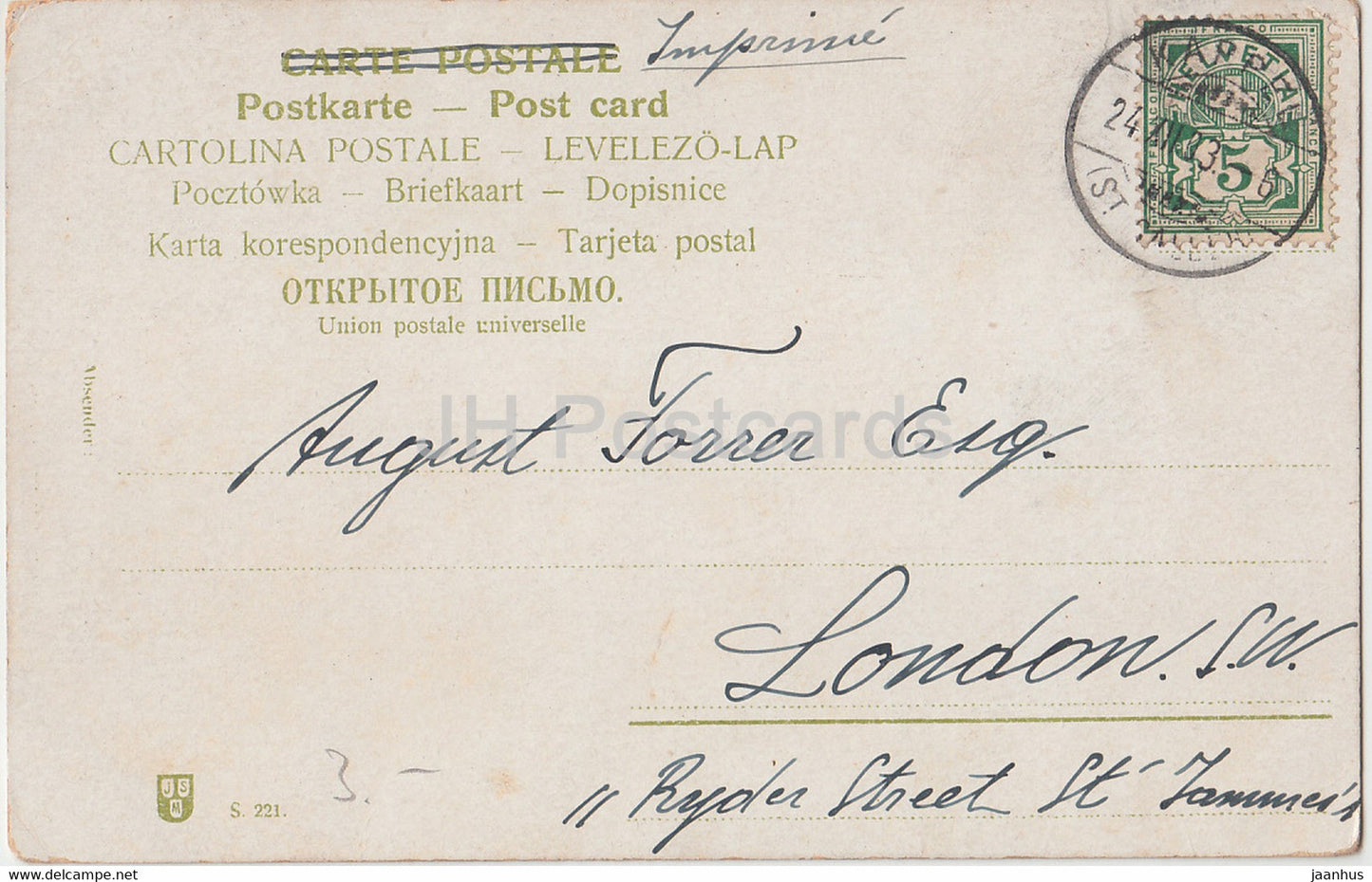 couple - woman and man - folk costumes - J S M S 221 - old postcard - 1903 - used