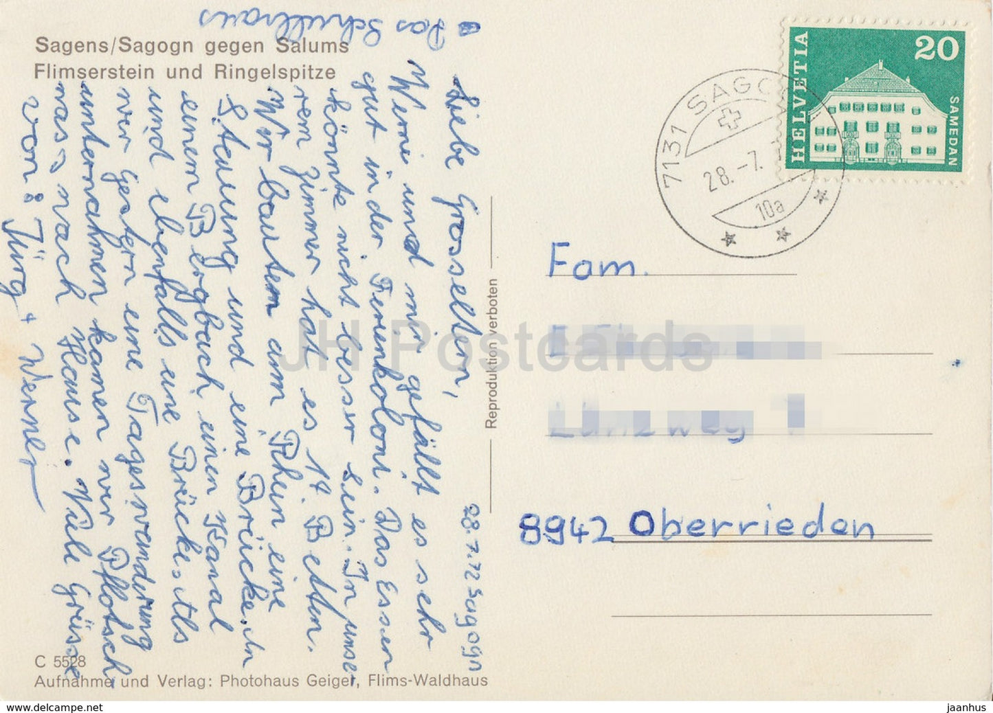 Sagens - Sagogn gegen Salums - Flimserstein und Ringelspitze - 1972 - Switzerland - used