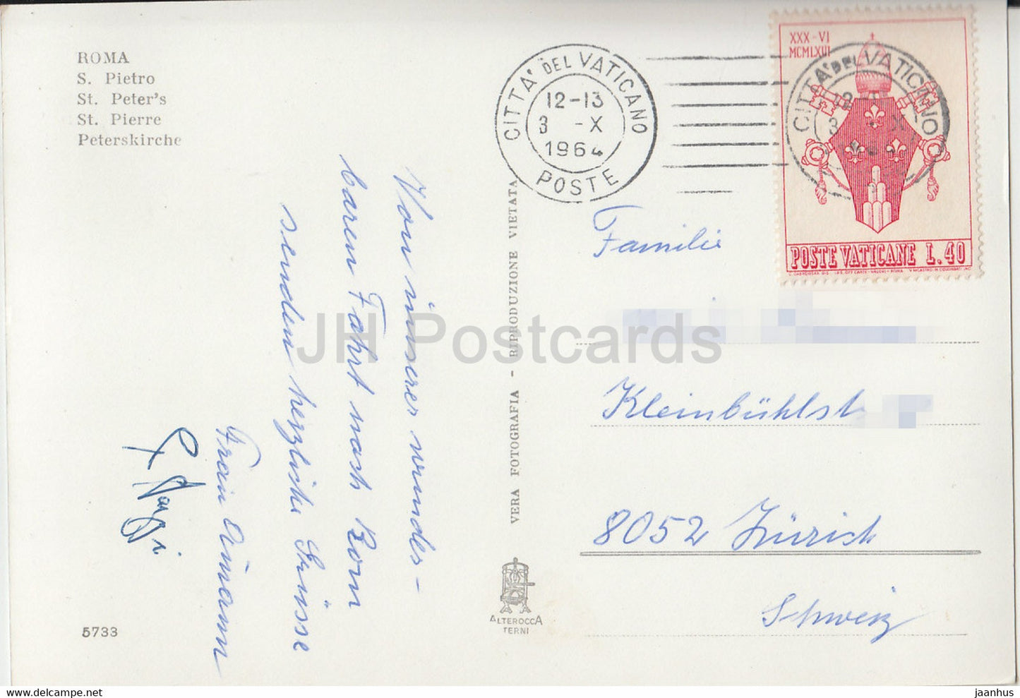 Roma - Rome - Piazza S Pietro - S Peter's Square - fountain - 5733 - Vatican - old postcard - 1964 - Italy - used