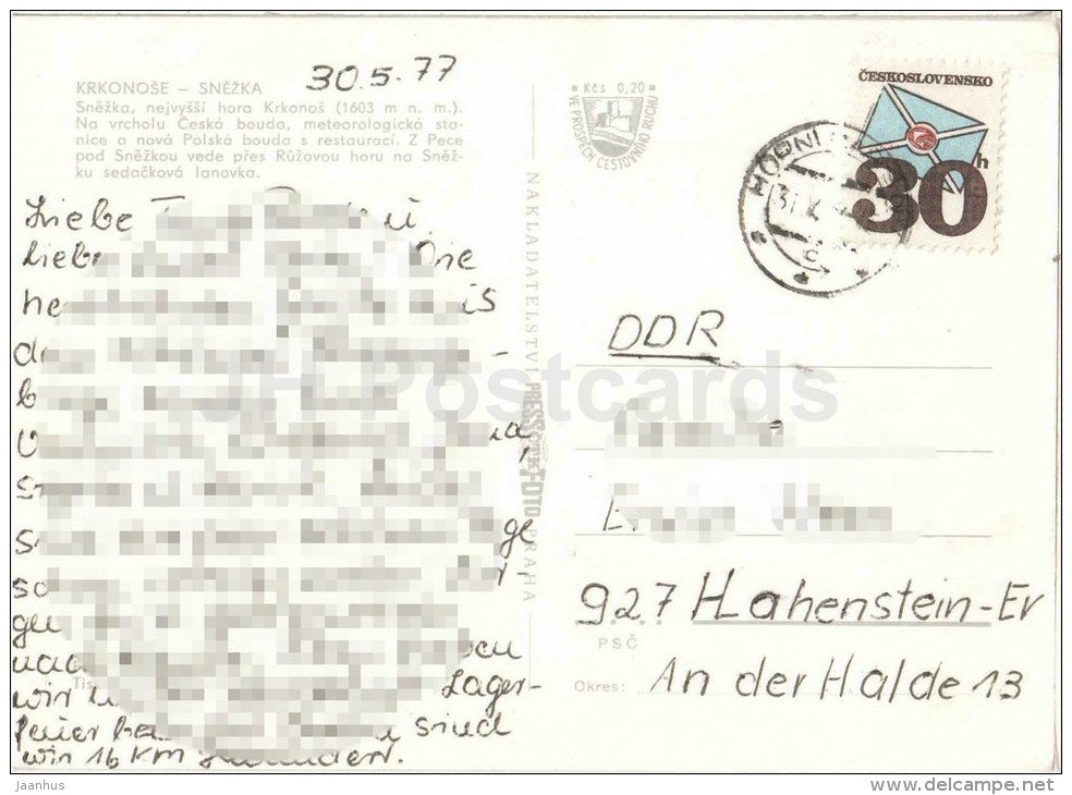Krkonose - Snezka mountain - old man - cable car - Czechoslovakia - Czech - used 1977 - JH Postcards
