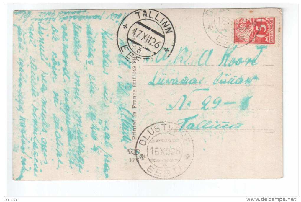 Man and Woman - flowers - hat - RIP 1093 - old postcard - circulated in Estonia 1928 Olustvere Tallinn - used - JH Postcards