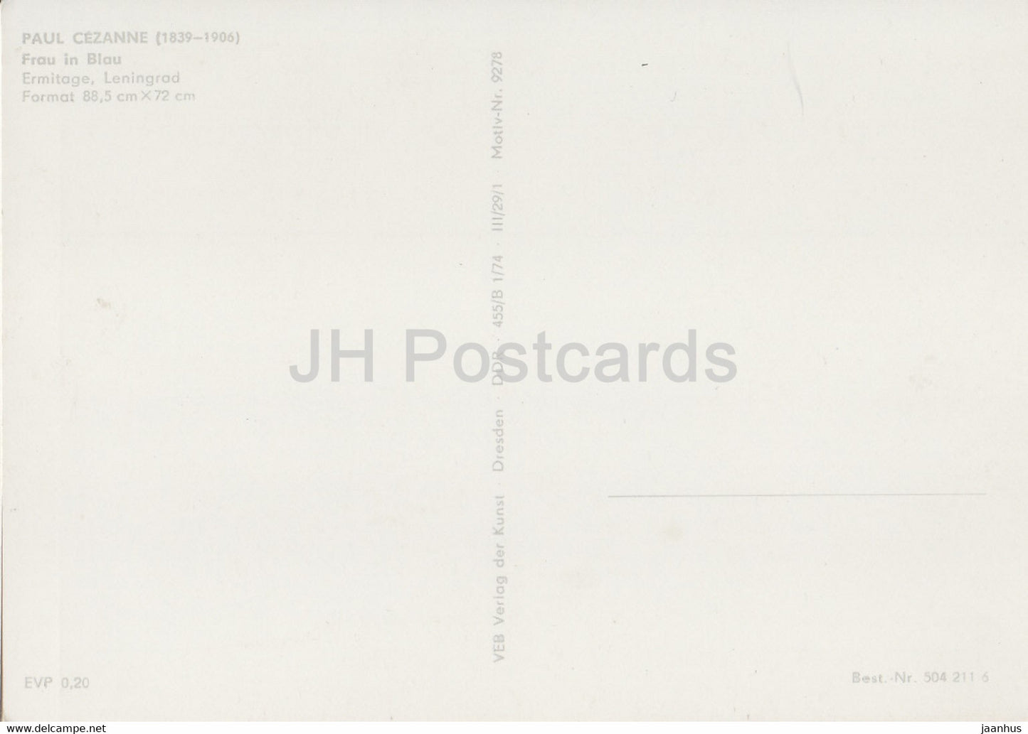 painting by Paul Cezanne - Frau in Blau - Lady in Blue - French art - Germany DDR - unused