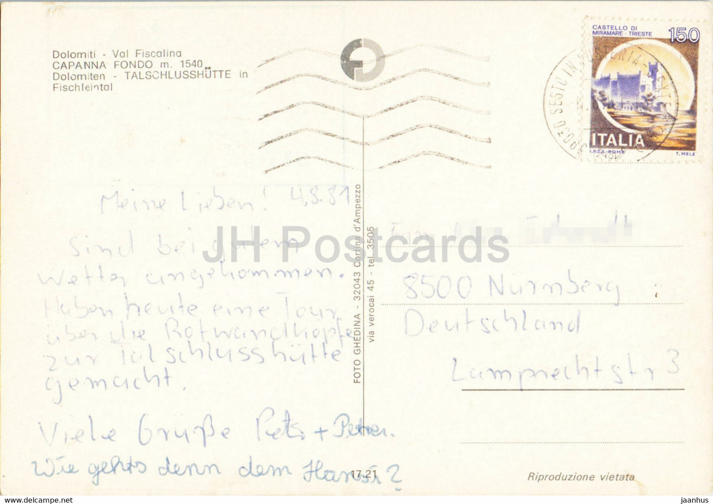 Dolomiti - Val Fiscalina - Capanna Fondo - Dolomiten - Talschlusshutte - Fischleintal - 17.21 - 1981 - Italy - used