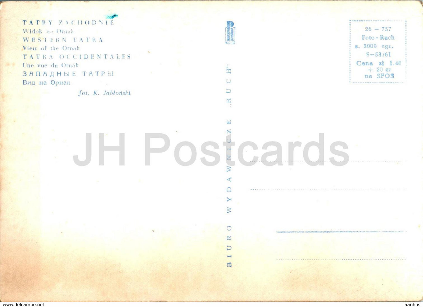 Tatry Zachodnie - Western Tatras - View of the Ornak - old postcard - Poland - unused