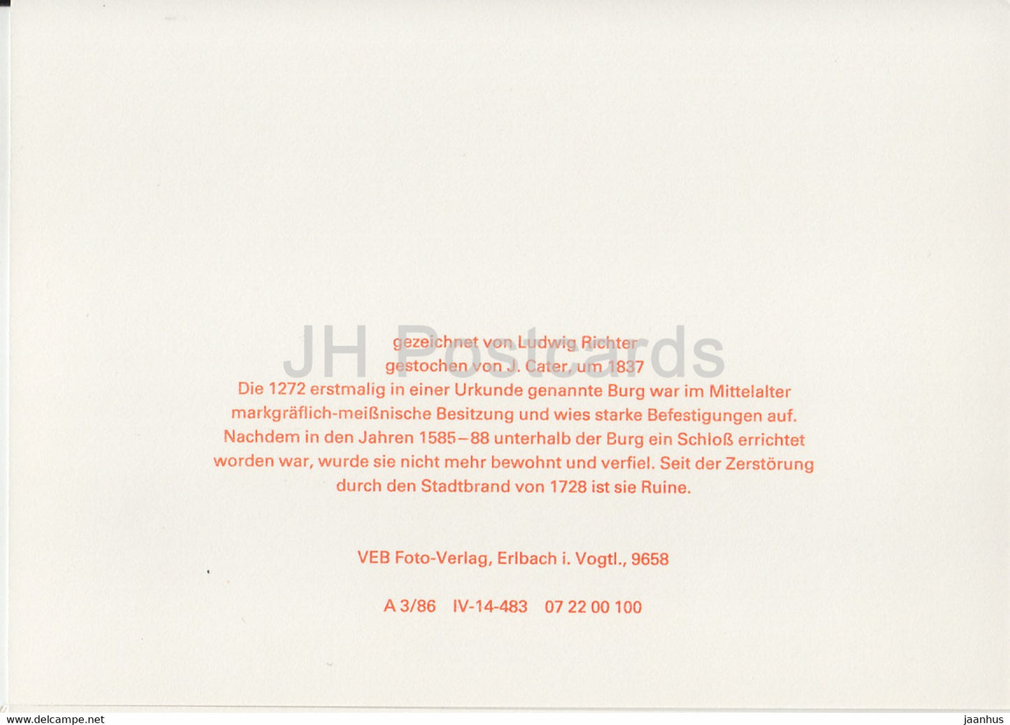 Frauenstein by Ludwig Richter - Sachsische Burgen - Saxon Castles - DDR Germany - unused