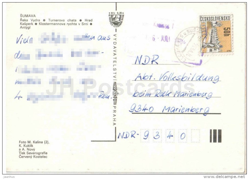 Sumava - Vydra river - Turnerova cottage - Kasperk castle - Antygl - Czechoslovakia - Czech - used 1984 - JH Postcards