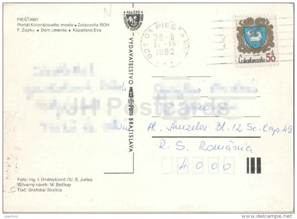 Piestany - Portal of colonnaded bridge - convalescent home - Art House - pool Eva Czechoslovakia - Slovakia - used 1982 - JH Postcards