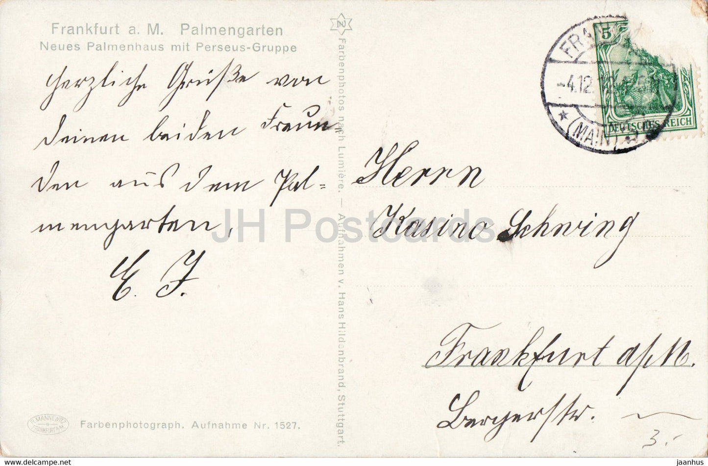 Frankfurt a M - Palmengarten - Neues Palmenhaus mit Perseus Gruppe - old postcard - 1912 - Germany - used