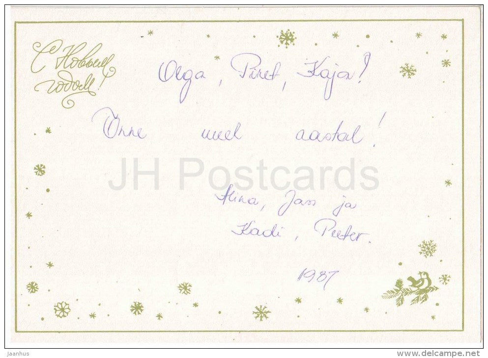 New Year Greeting Card - birds - tit - berries - 1985 - Russia USSR - used - JH Postcards