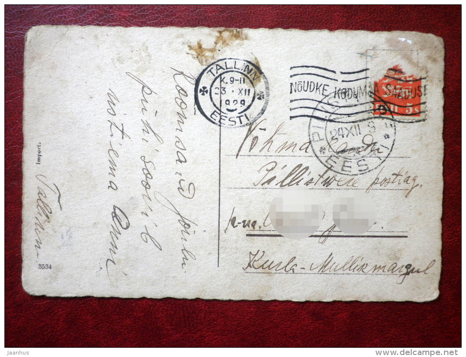 Christmas Greeting Card - sleigh - snowman - girl and boy - 3534 - circulated in 1929 - Estonia - used - JH Postcards