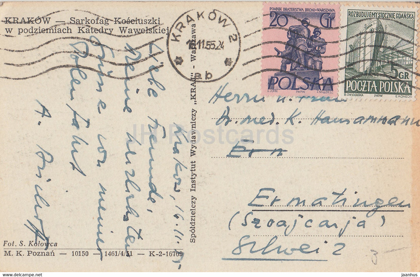 Krakow - Sarkofag Kosciuszki w podziemiach Katedry Wawelskiej - old postcard - 1955 - Poland - used