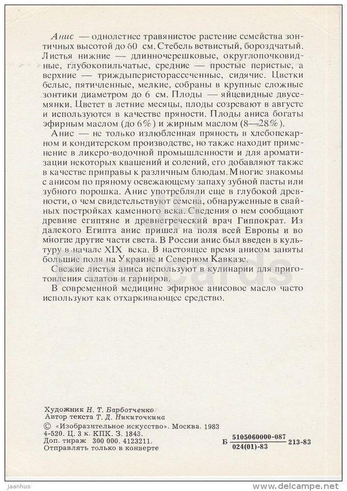 Anise - camel - Spice Plants - 1983 - Russia USSR - unused - JH Postcards