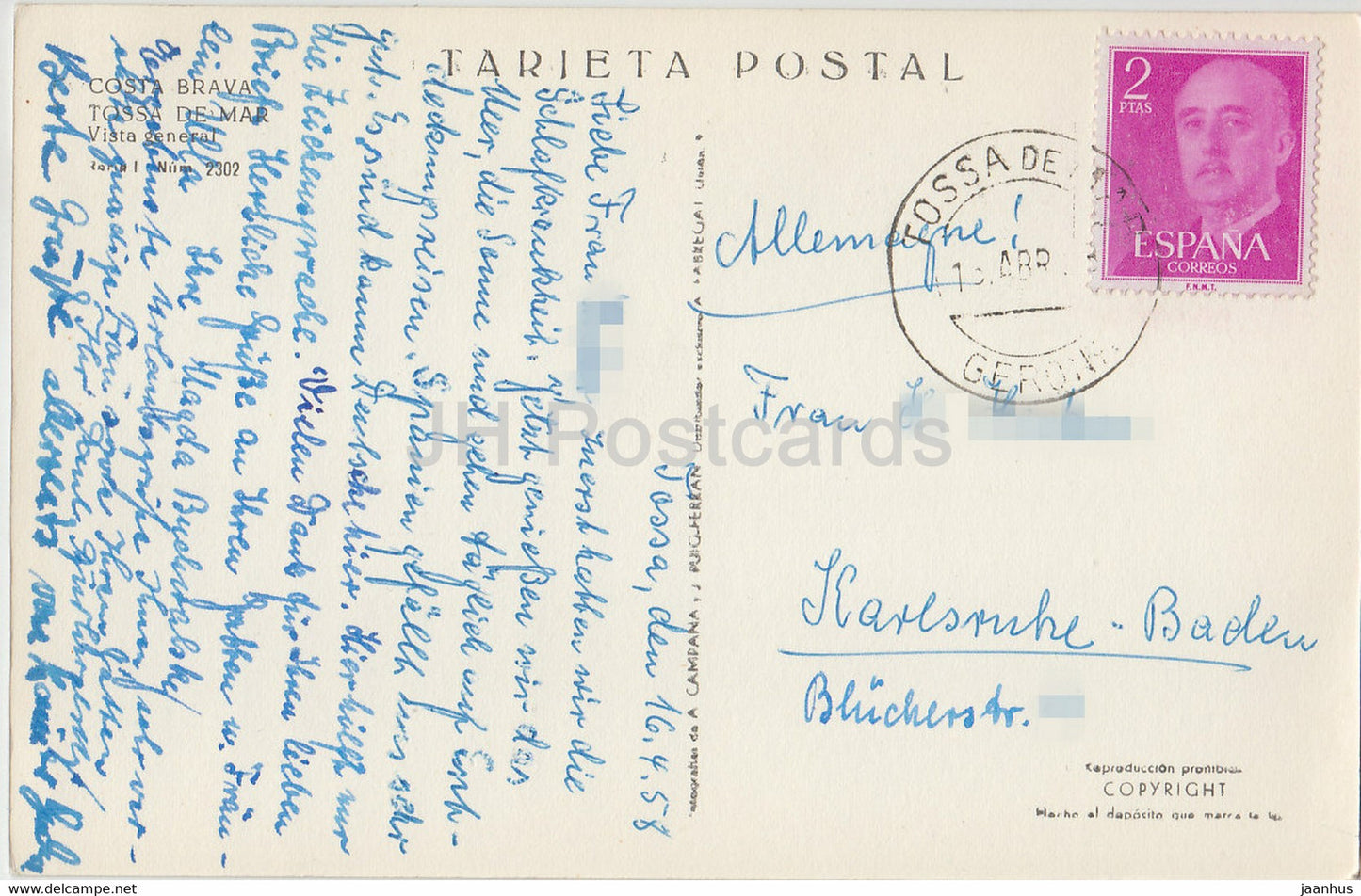 Costa Brava - Tossa de Mar - Vista General - General View - old postcard - 1958 - Spain - used