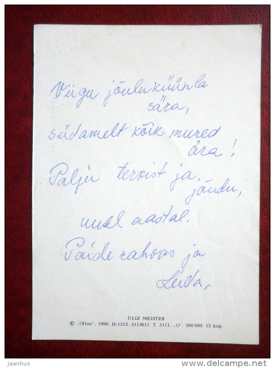 New Year Greeting card - illustration by Ülle Meister - bullfinches - birds - dwarf - flute - 1990 - Estonia USSR - used - JH Postcards