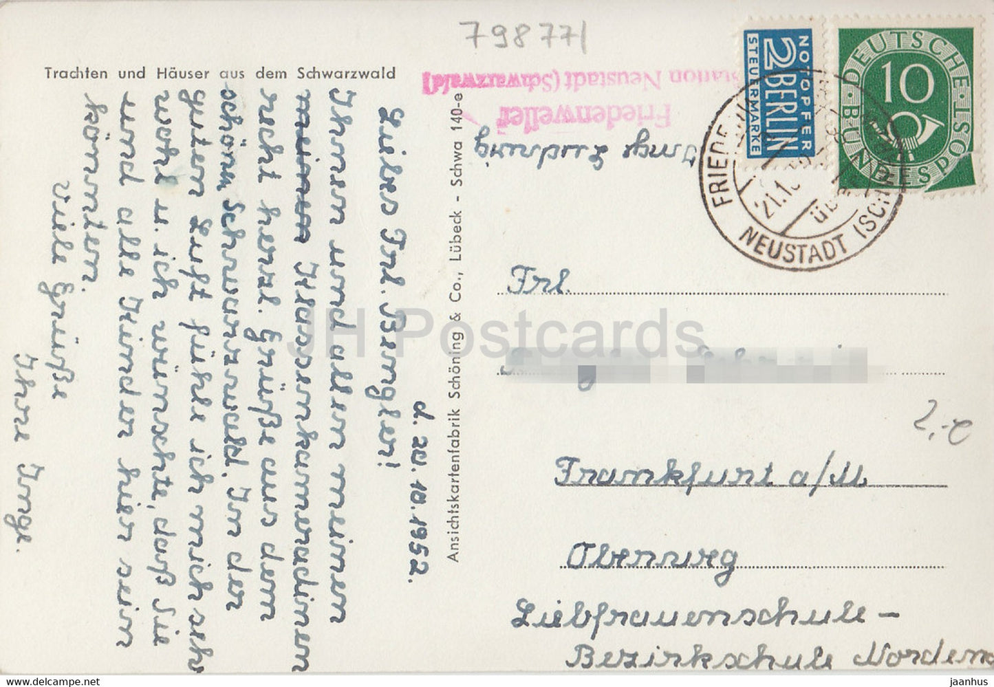 Gruss aus dem Schwarzwald - costumes folkloriques - carte postale ancienne - 1952 - Allemagne - utilisé