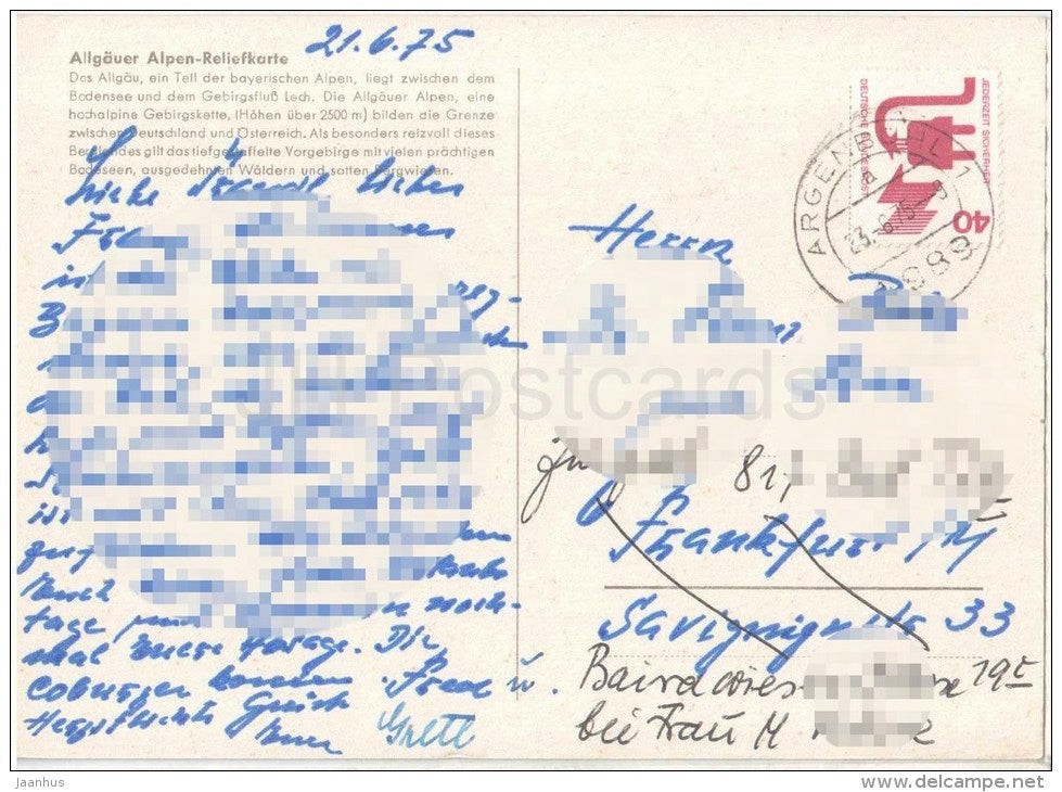 Allgäuer Alpen Reliefkarte - Germany - 1975 gelaufen - JH Postcards