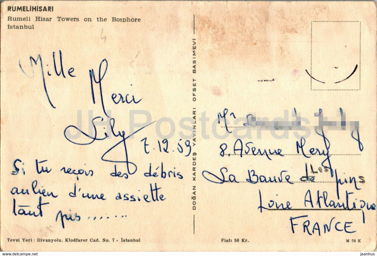 Istanbul - Rumeli Hisar Towers on the Bosphore - old postcard - 1 - 1959 - Turkey - used