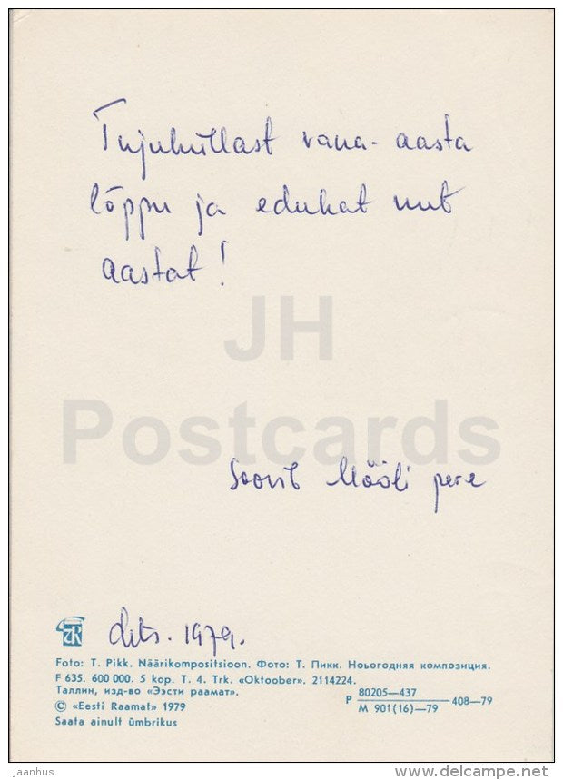 New Year Greeting card - 3 - candle - apples - flowers - 1979 - Estonia USSR - used - JH Postcards