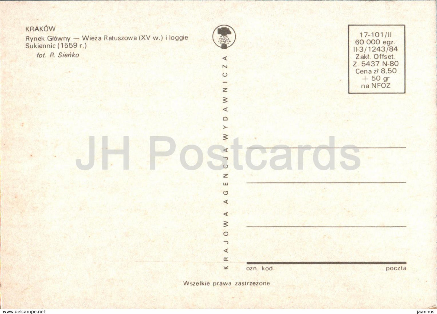 Cracovie - Rynek Glowny - Wieza Ratuszowa i loggie Sukiennic - Place principale - Tour de l'Hôtel de Ville - Pologne - inutilisé