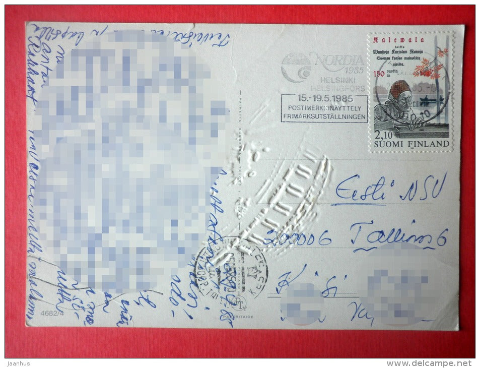 illustration by Hatty - cat - fish - 4682/4 Finland - sent from Finland to Estonia USSR 1985 - JH Postcards