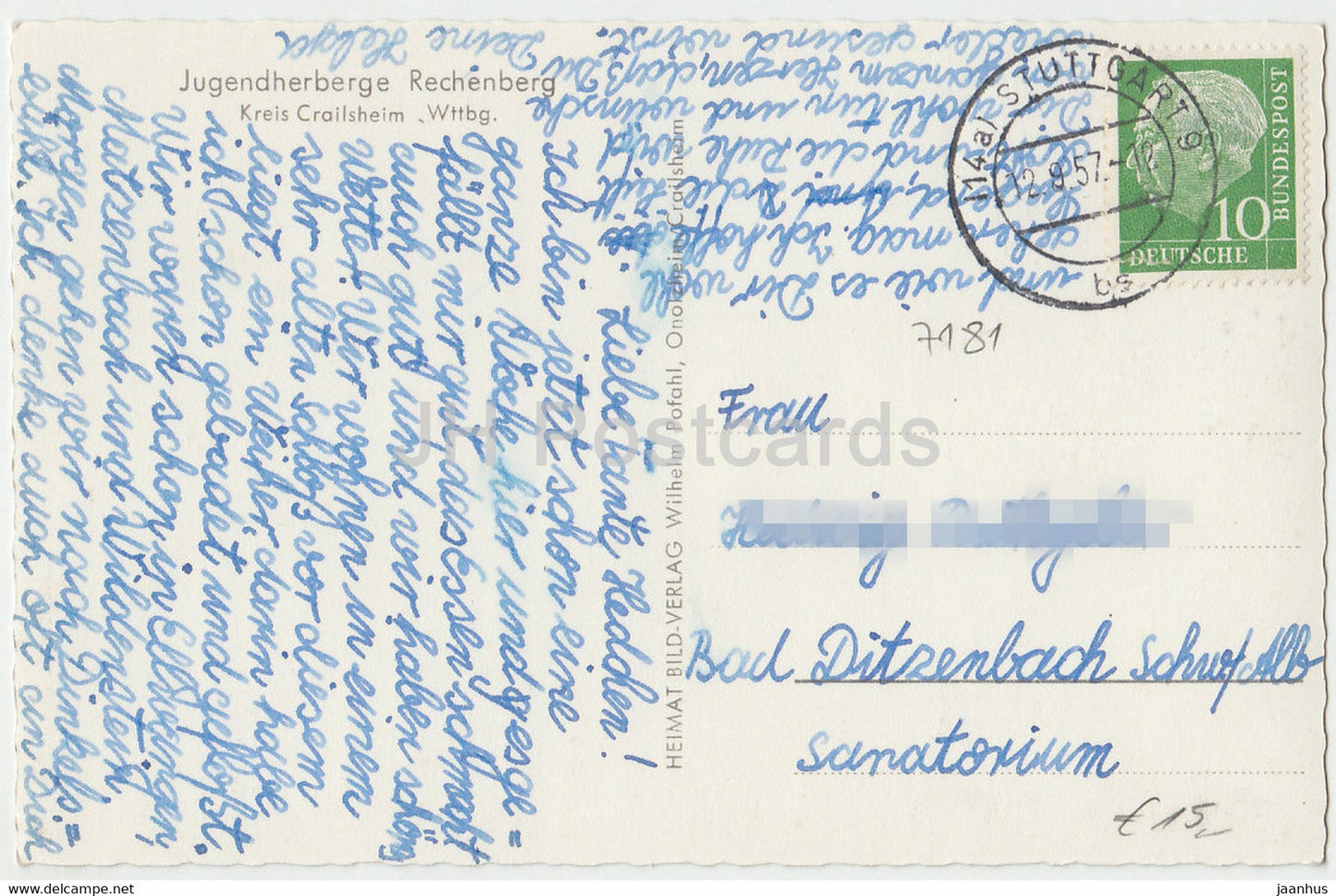 Jugendherberge Rechenberg - Kreis Crailsheim - old postcard - 1957 - Germany - used