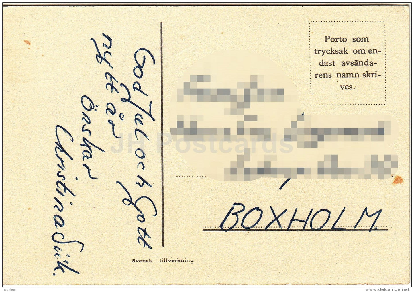 mini Christmas Greeting Card - christmas bell - angel - Sweden - used - JH Postcards