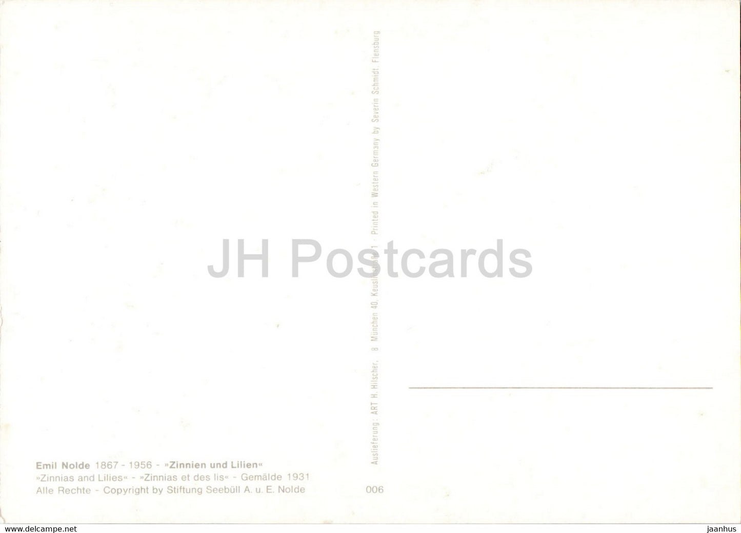 painting by Emil Nolde - Zinnien und Lilien - Zinnias and Lilies - flowers - German art - Germany - unused