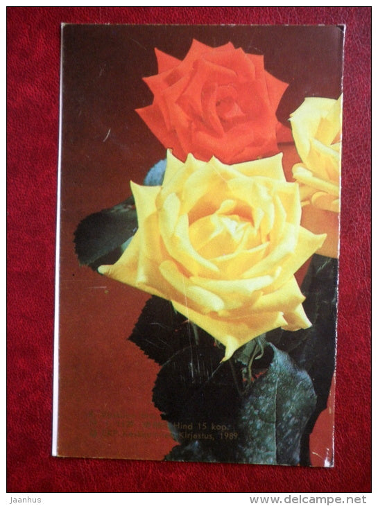 Greeting Card - red and yellow roses - flowers - 1989 - Estonia USSR - used - JH Postcards