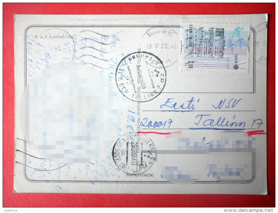 illustration by Ruffing - girl and cats - kitten- CEPT - 5221/2 - Finland - sent from Finland Turku to Estonia USSR 1985 - JH Postcards