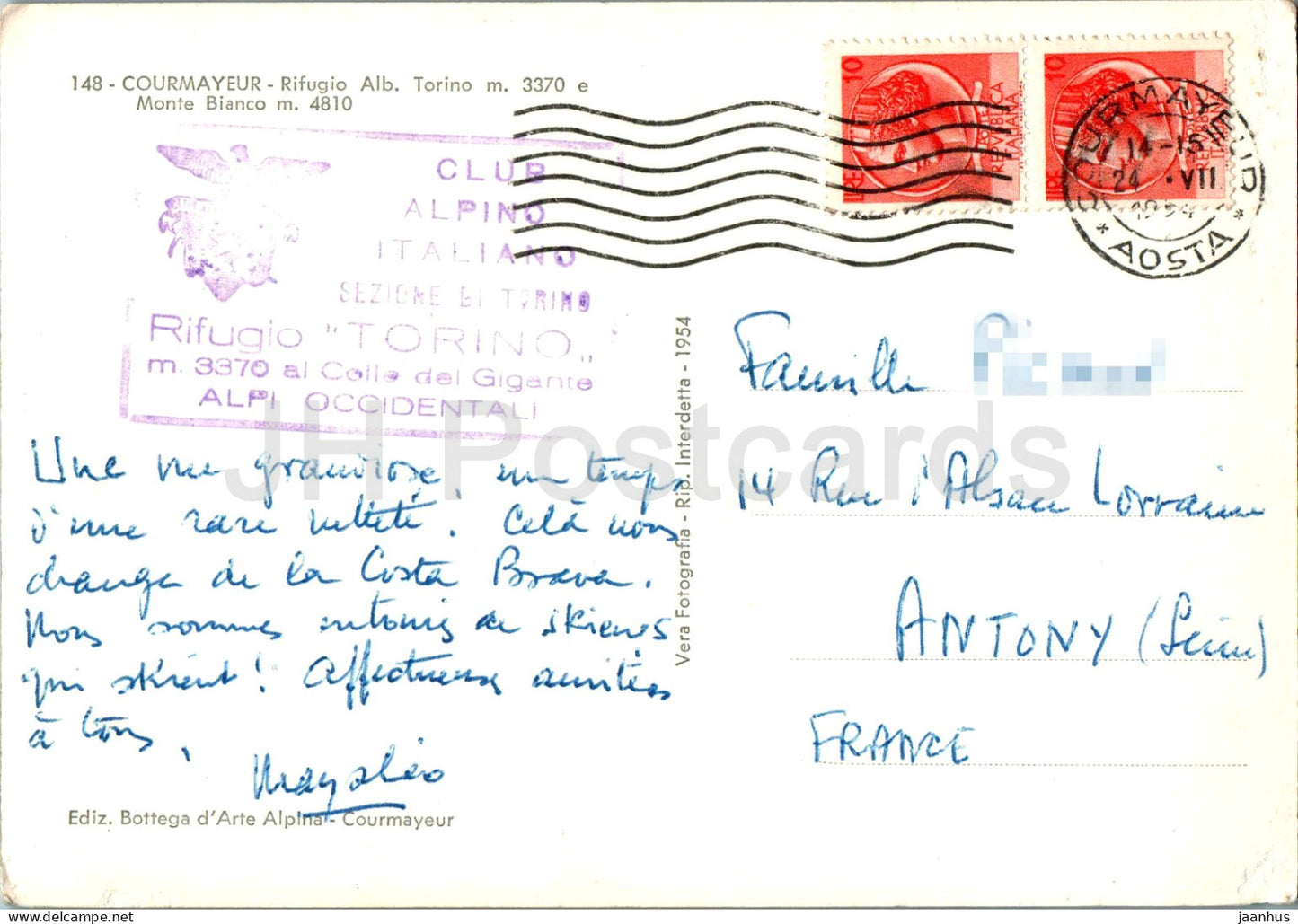 Courmayeur - Rifugio Alb Torino 3370 m - Monte Bianco 4810 m - alte Postkarte - 148 - 1954 - Italien - gebraucht