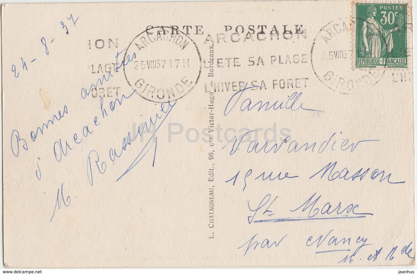 Bassin d'Arcachon - Coucher de Soleil sur le Bassin - 713 - 1937 - old postcard - France - used