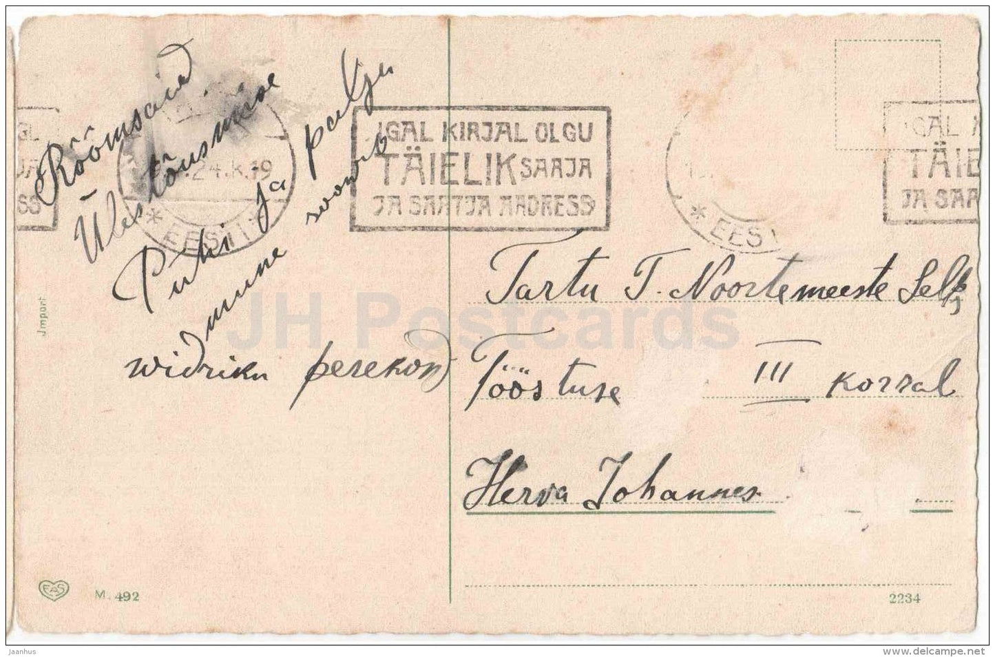 Easter greeting card - chicken - children - barrel - EAS M. 492 - circulated in Estonia - JH Postcards